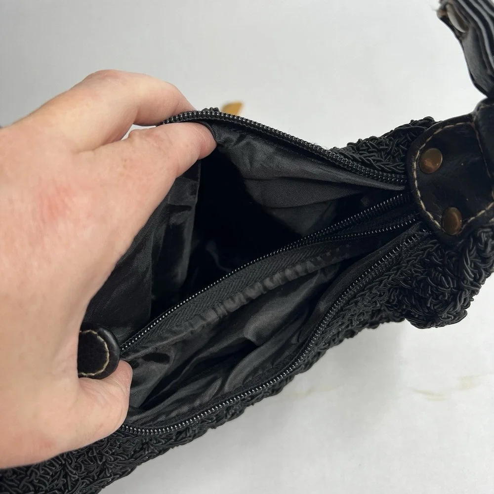Small‎ Black Hobo Crochet Purse Shoulder Handbag Bag Pocket Unbrand Leather Trim